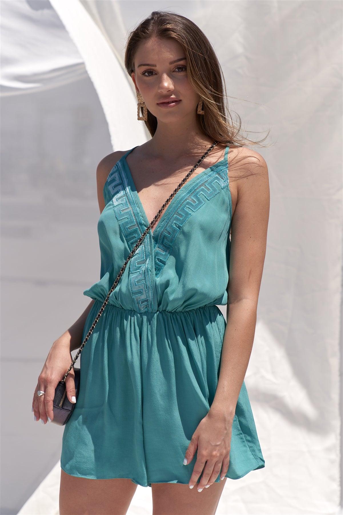 Athena Dusty Teal Greek Embroidery Velvet Hem Detail V-Neck Sleeveless Romper /1-2-2-1