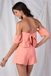 Salmon Pink Tear Drop Layered Off The Shoulder Backside Bow Tie Romper /1-1-3-2