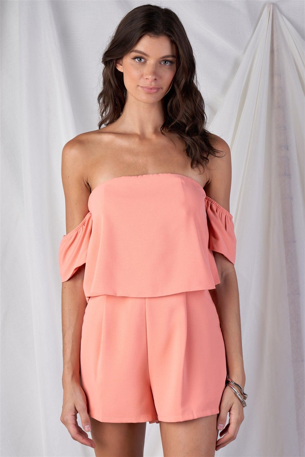 Salmon Pink Tear Drop Layered Off The Shoulder Backside Bow Tie Romper /1-1-3-2