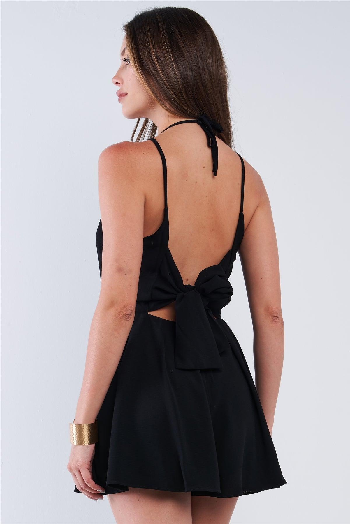 Solid Black Dressy Sleeveless Open Back Knot Tie Up Romper /1-2-2-1