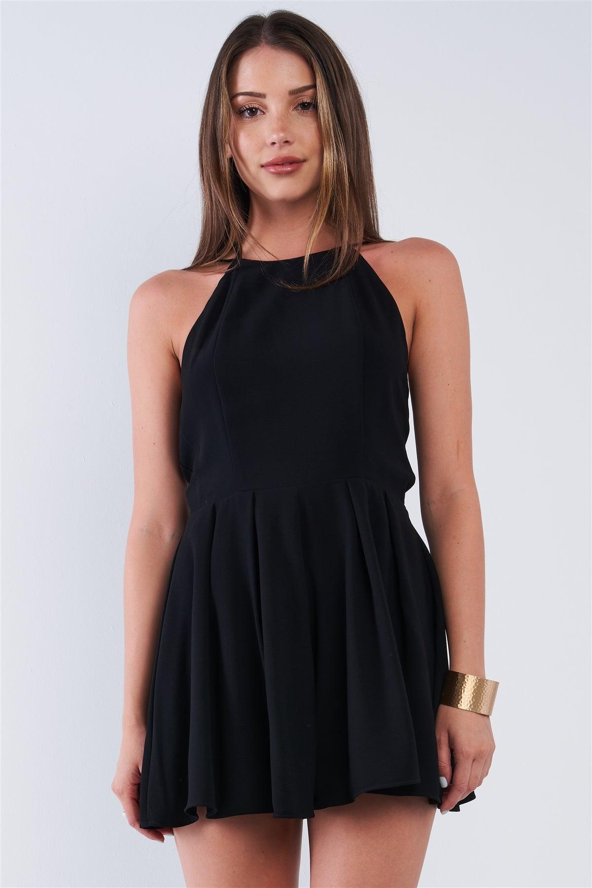 Solid Black Dressy Sleeveless Open Back Knot Tie Up Romper /1-2-2-1