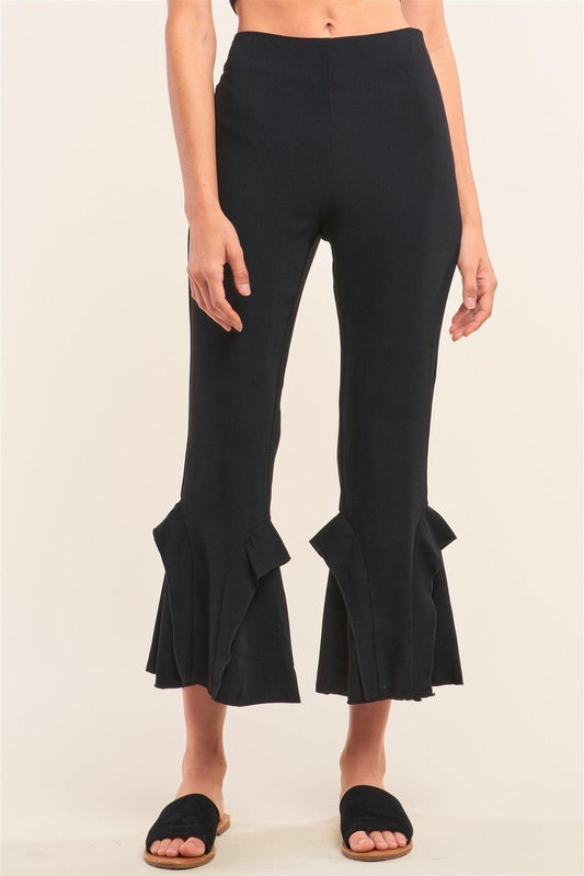 Black High Waisted Fitted Ruffle Trim Flare Detail Capri Pants