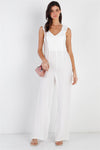 White Textured Ruffle Trim Straps Sleeveless Wide Leg Jumpsuit /3-3