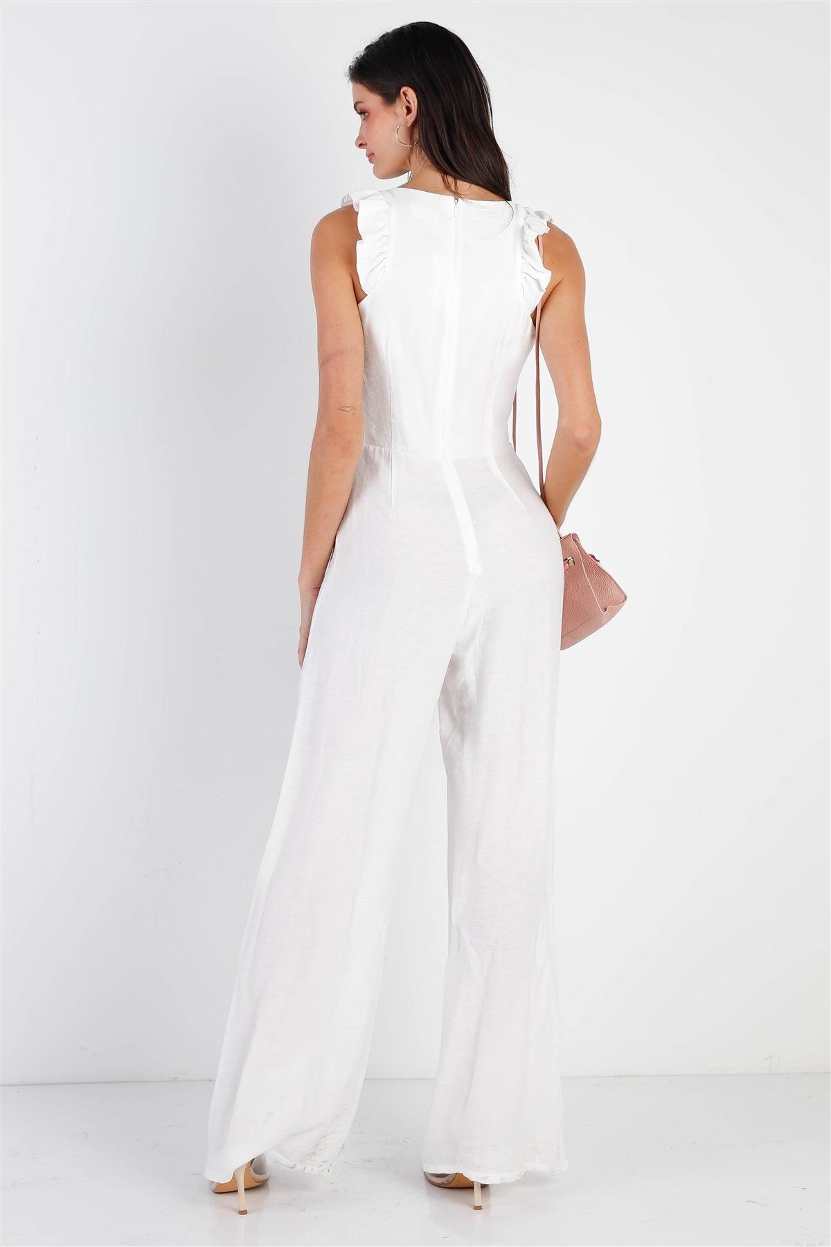 White Textured Ruffle Trim Straps Sleeveless Wide Leg Jumpsuit /1-1-2-1