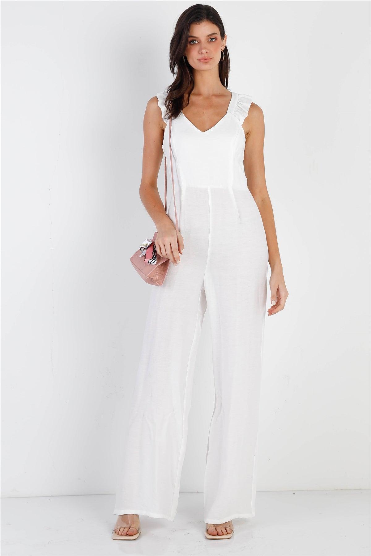 White Textured Ruffle Trim Straps Sleeveless Wide Leg Jumpsuit /1-1-2-1