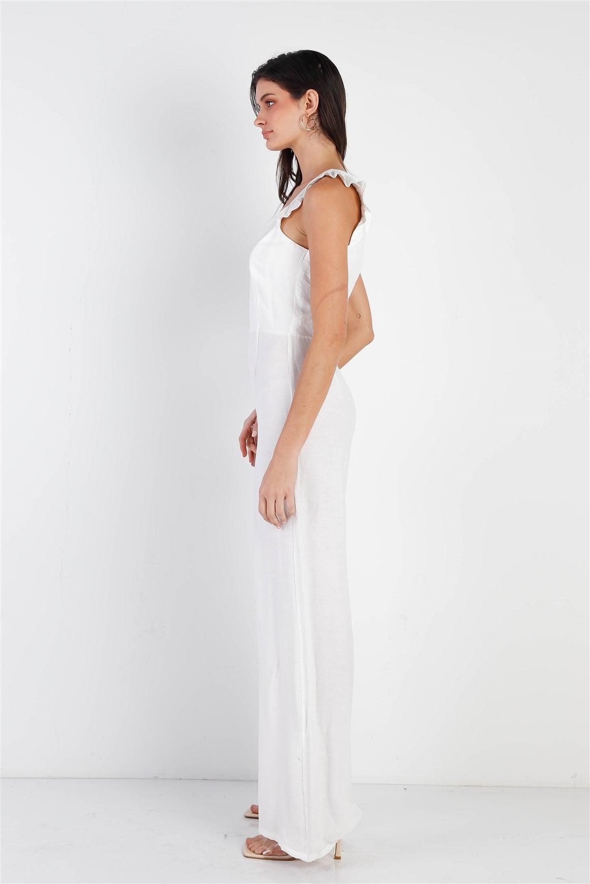 White Textured Ruffle Trim Straps Sleeveless Wide Leg Jumpsuit /1-1-2-1