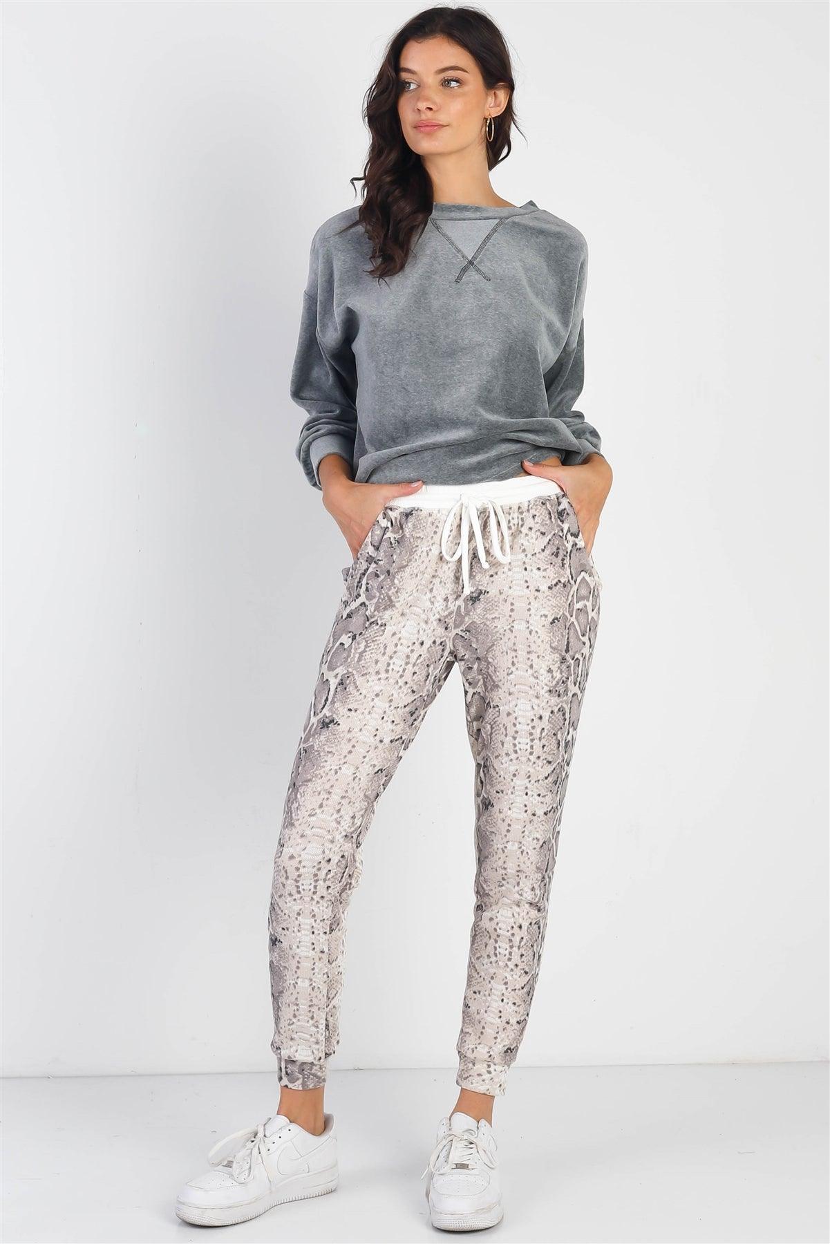 Taupe Waffle Knit Snake Print Jogger Pants /1-1-1