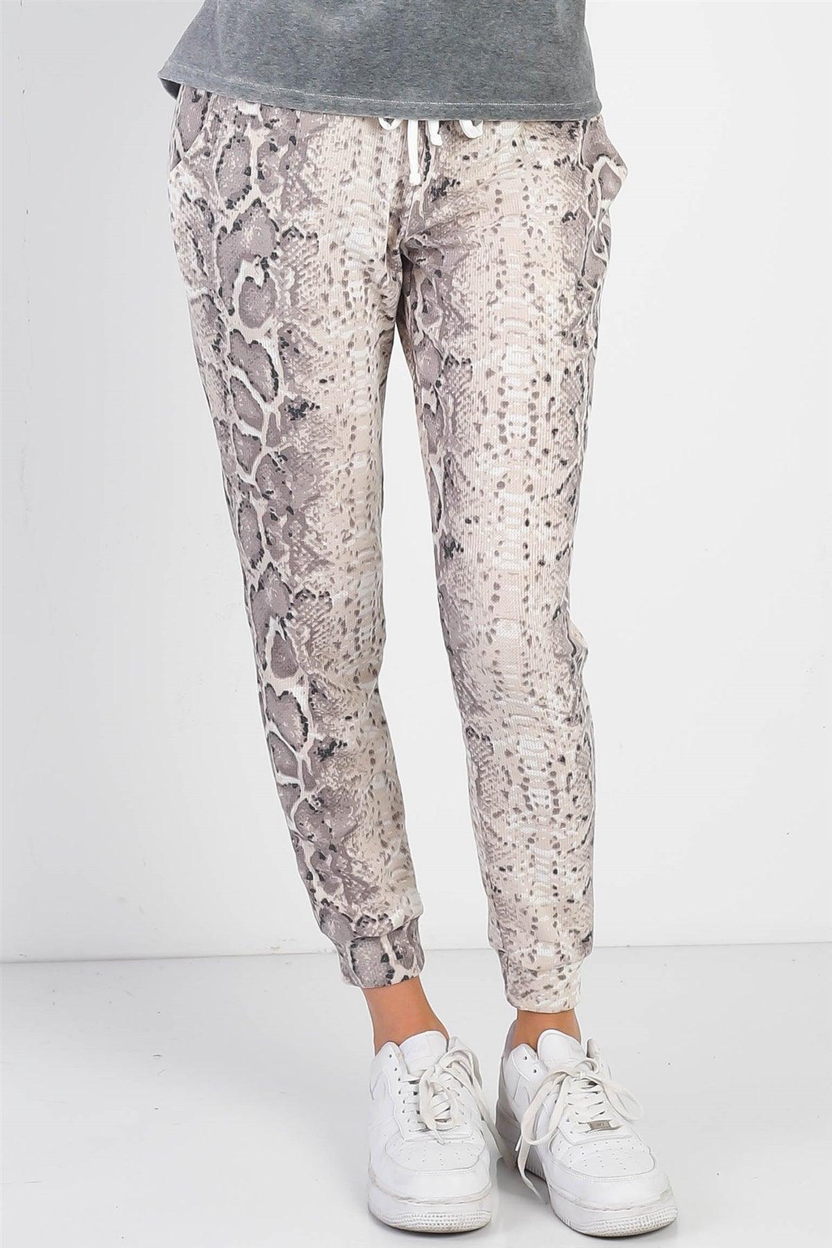 Taupe Waffle Knit Snake Print Jogger Pants /1-1-1