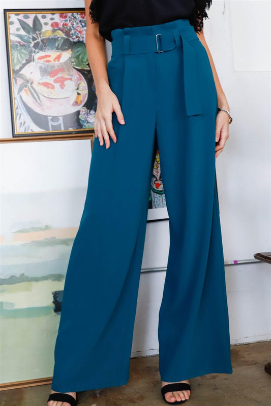 Teal Fold Pleated Belted Wide Leg Full Length Pants /2-3