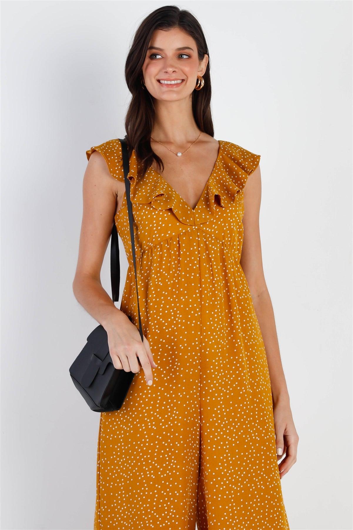 Mustard & White Polka Dot Back Lace Up Detail Jumpsuit /1-2-2-1