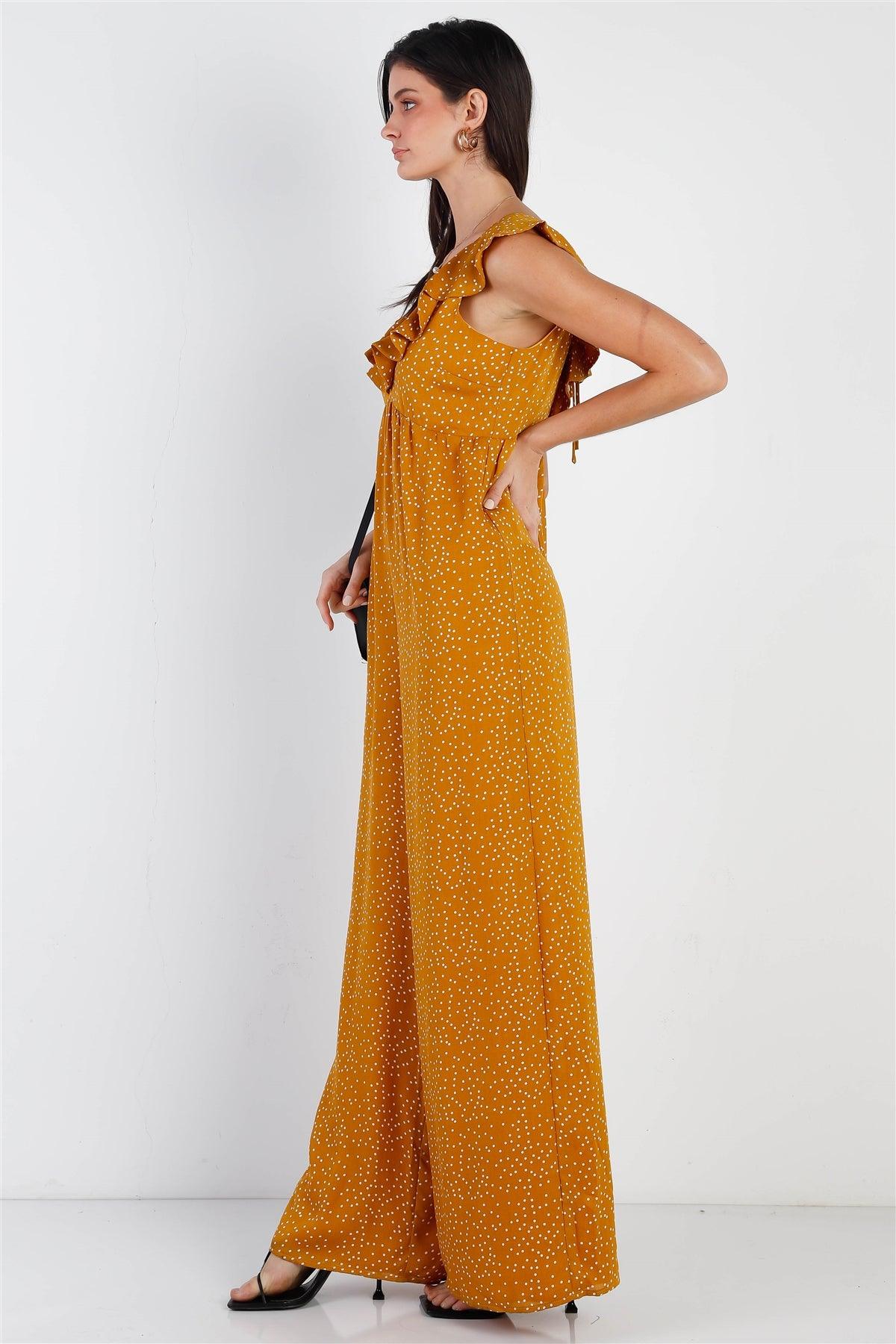 Mustard & White Polka Dot Back Lace Up Detail Jumpsuit /1-2-2-1