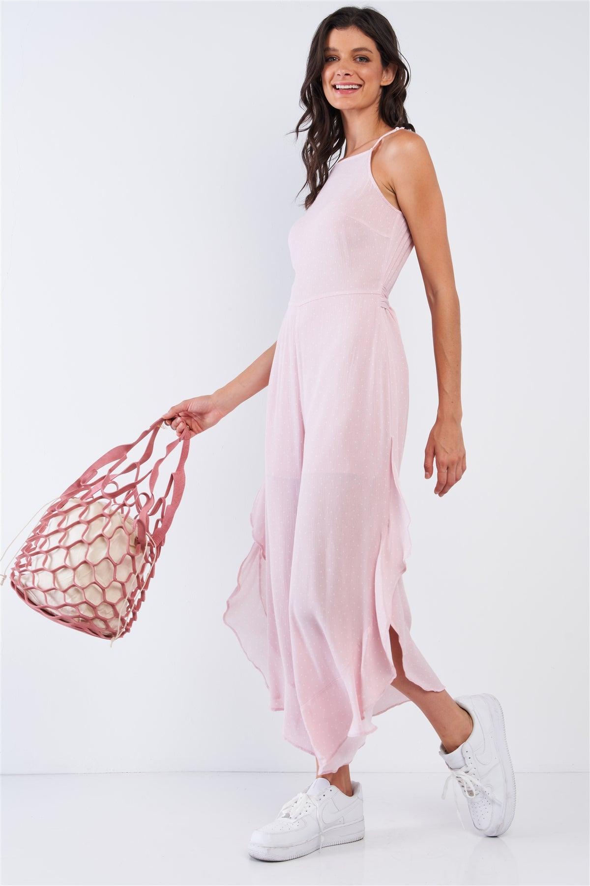 Pale Pink Polka Dot Sleeveless Ruffle Hem Side Slit Wide Leg Jumpsuit /1-2-1