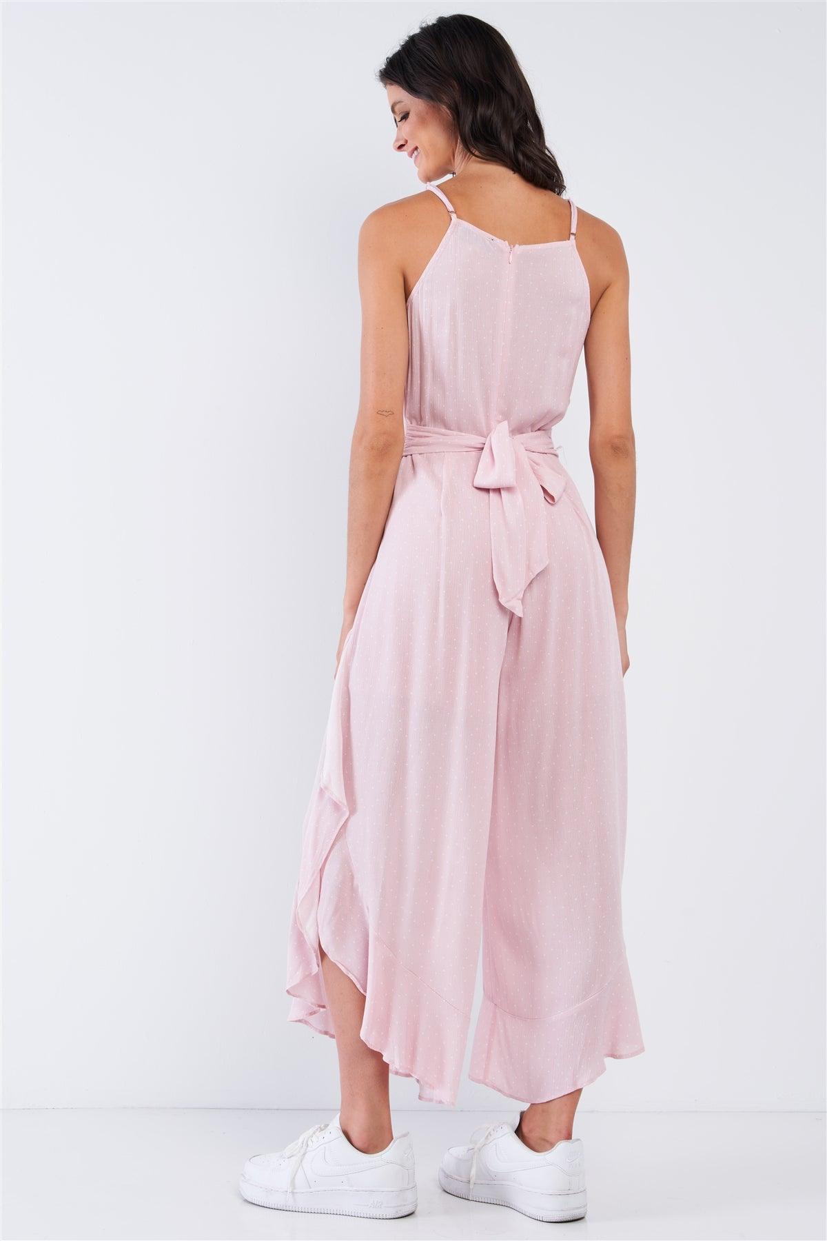 Pale Pink Polka Dot Sleeveless Ruffle Hem Side Slit Wide Leg Jumpsuit /1-2-1