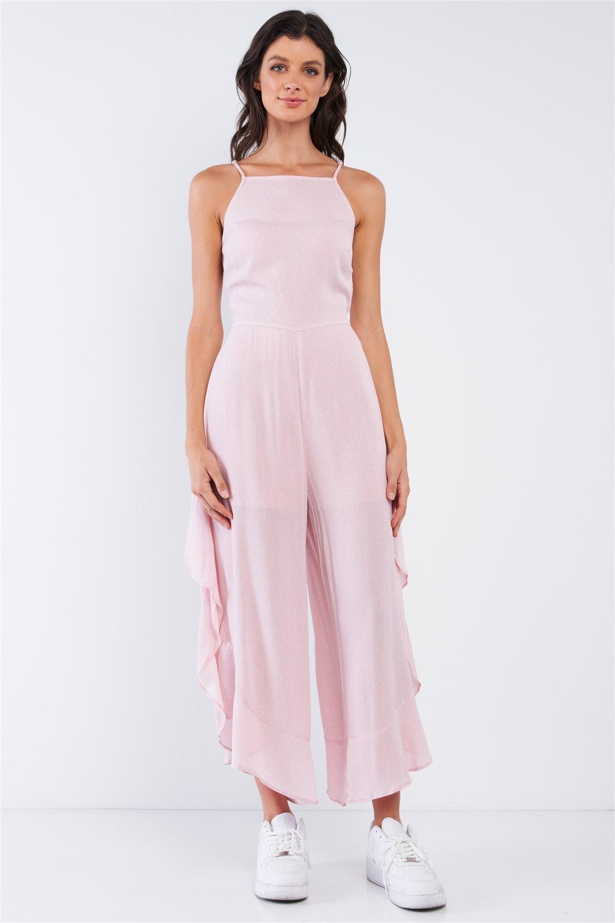 Pale Pink Polka Dot Sleeveless Ruffle Hem Side Slit Wide Leg Jumpsuit /1-2-1