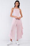 Pale Pink Polka Dot Sleeveless Ruffle Hem Side Slit Wide Leg Jumpsuit /1-2-2-1