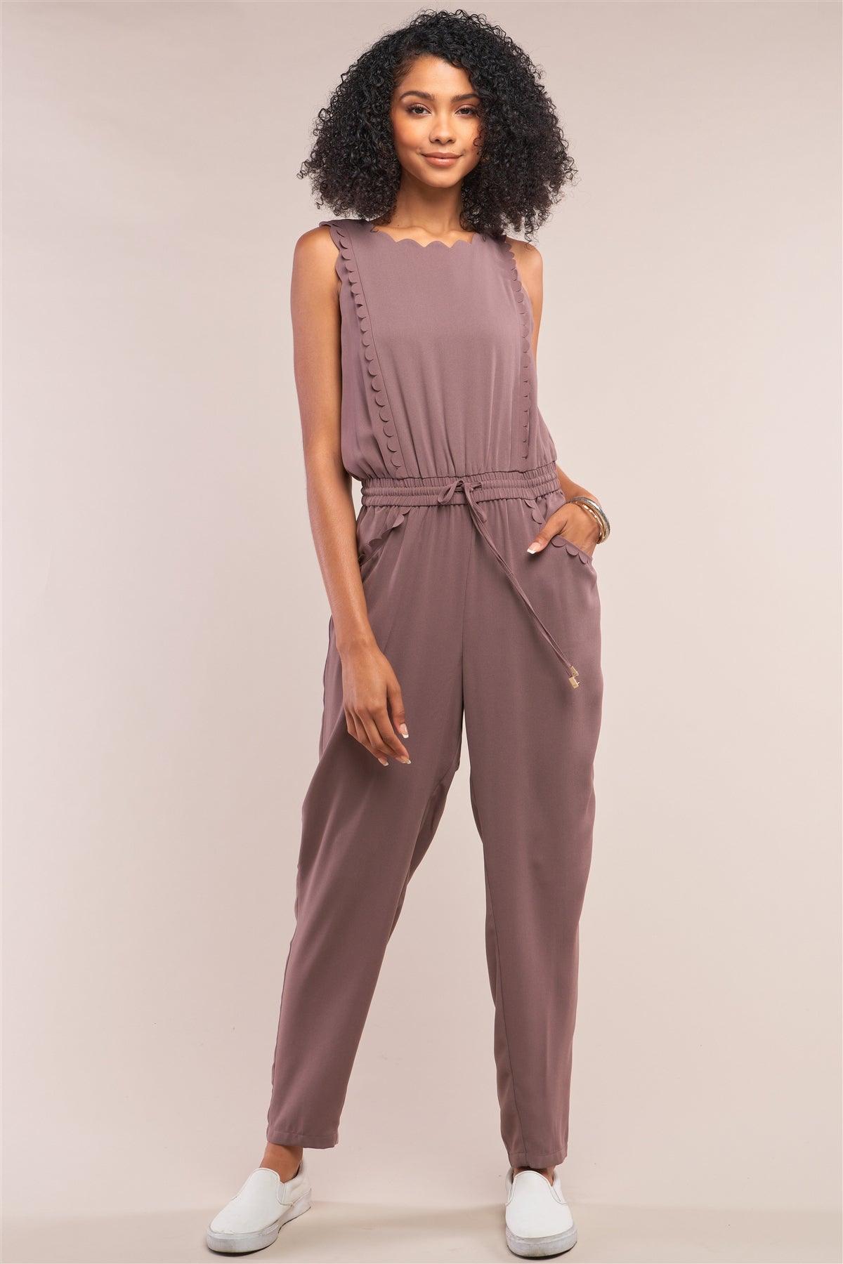 Winona Mocha Sleeveless Self-Tie Waist Scallop Hem Detail Jumpsuit /2-1-3