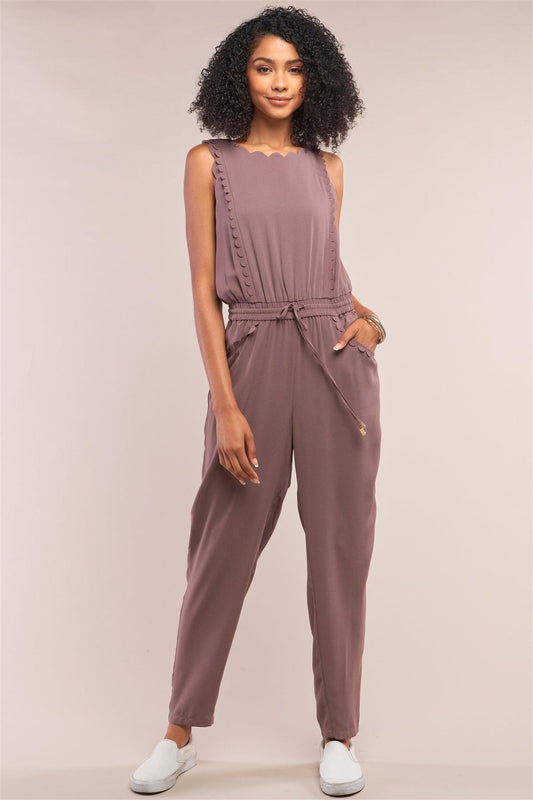 Winona Mocha Sleeveless Self-Tie Waist Scallop Hem Detail Jumpsuit /2-1-3