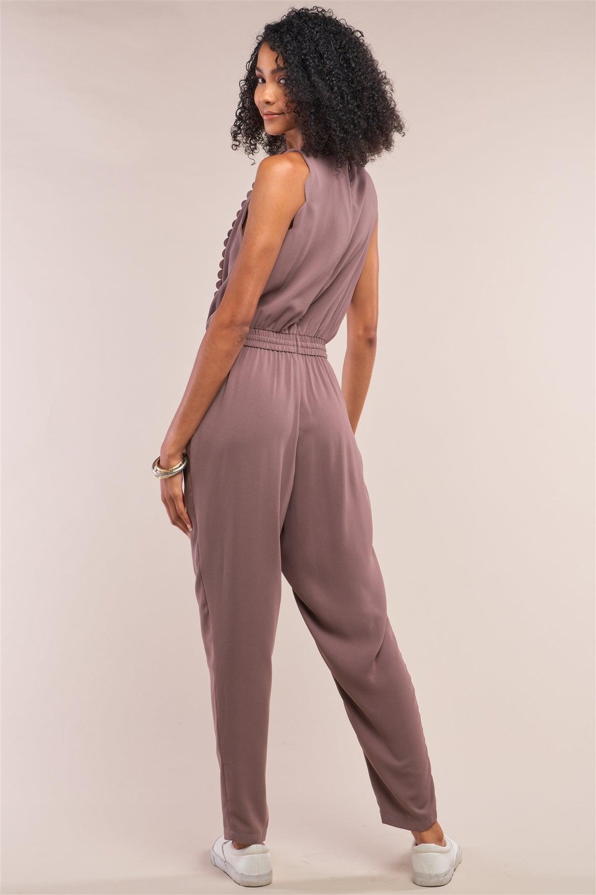 Winona Mocha Sleeveless Self-Tie Waist Scallop Hem Detail Jumpsuit /2-1-3