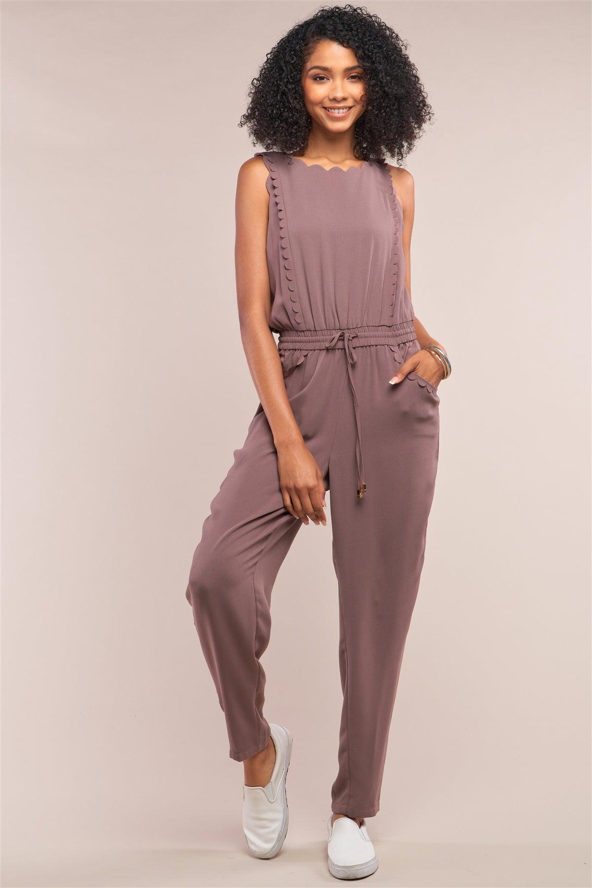 Winona Mocha Sleeveless Self-Tie Waist Scallop Hem Detail Jumpsuit /2-1-3