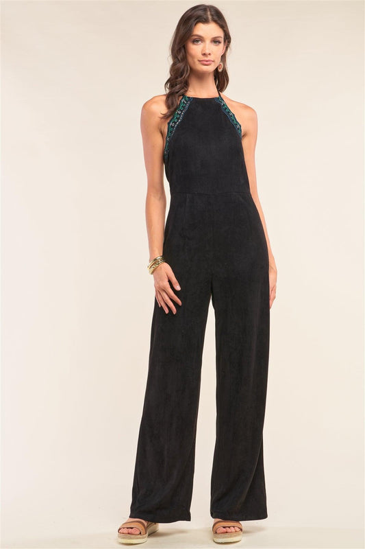 Black Suede Eyelet Embroidered Trim Self-Tie Halter Neck Open Back Jumpsuit /1-2-2-1