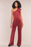 Burgundy Suede Sleeveless One-Shoulder Ruffle Detail Fitted Wide Leg Jumpsuit /3-1-1