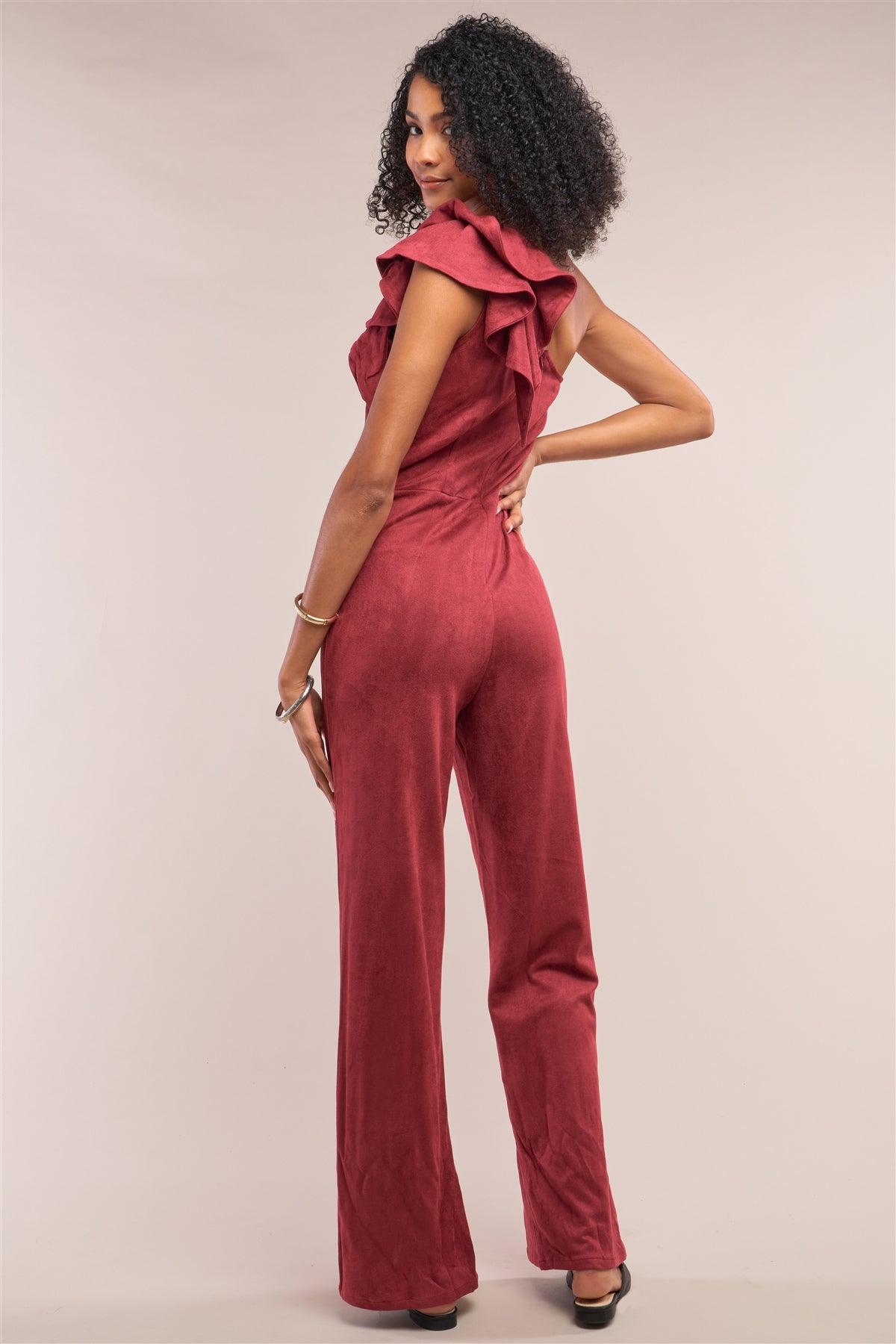 Burgundy Suede Sleeveless One-Shoulder Ruffle Detail Fitted Wide Leg Jumpsuit /3-1-1