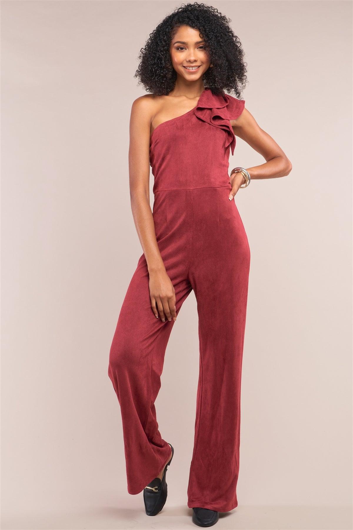 Burgundy Suede Sleeveless One-Shoulder Ruffle Detail Fitted Wide Leg Jumpsuit /1-2-2-1