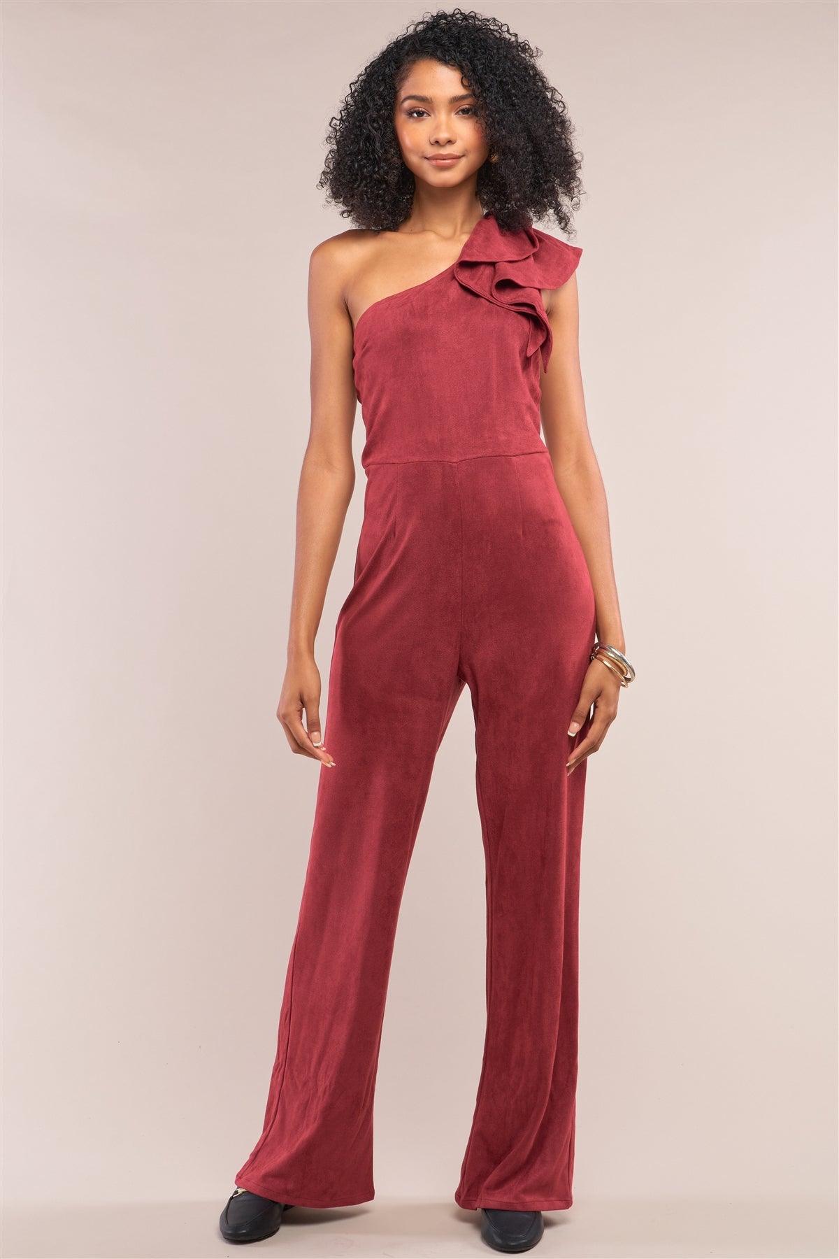 Burgundy Suede Sleeveless One-Shoulder Ruffle Detail Fitted Wide Leg Jumpsuit /1-2-2-1