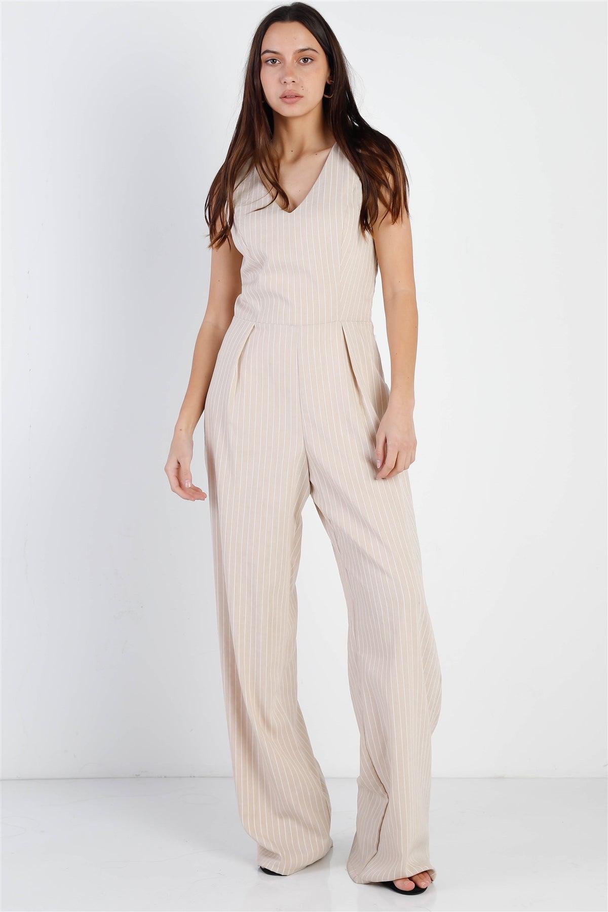 Beige & White Stripe Twisted Back Detail Sleeveless Jumpsuit /1-2-2-1