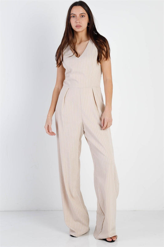 Beige & White Stripe Twisted Back Detail Sleeveless Jumpsuit /1-2-2-1