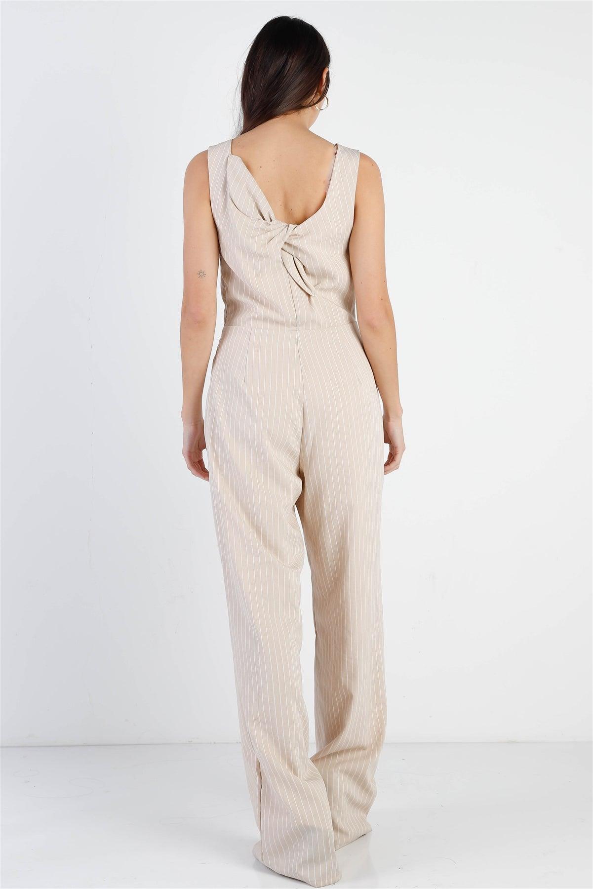 Beige & White Stripe Twisted Back Detail Sleeveless Jumpsuit /1-2-2-1