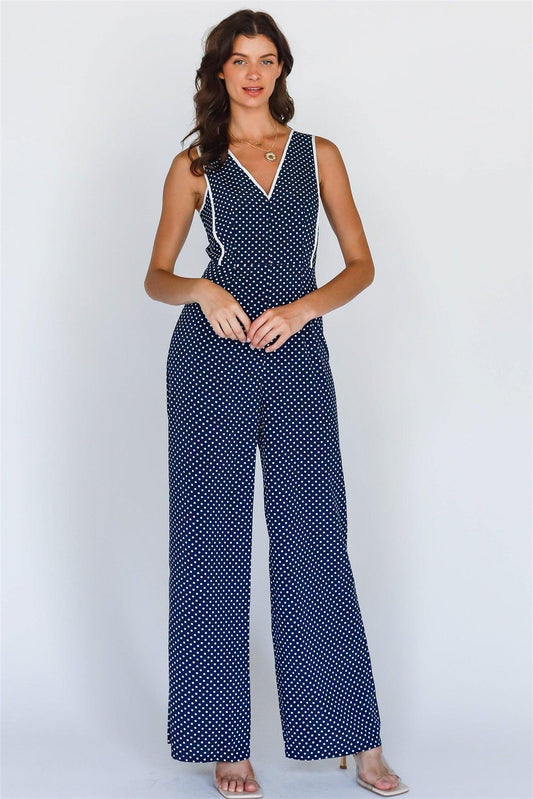 Navy & White Polka Dot V-Neck Wide Leg Romper