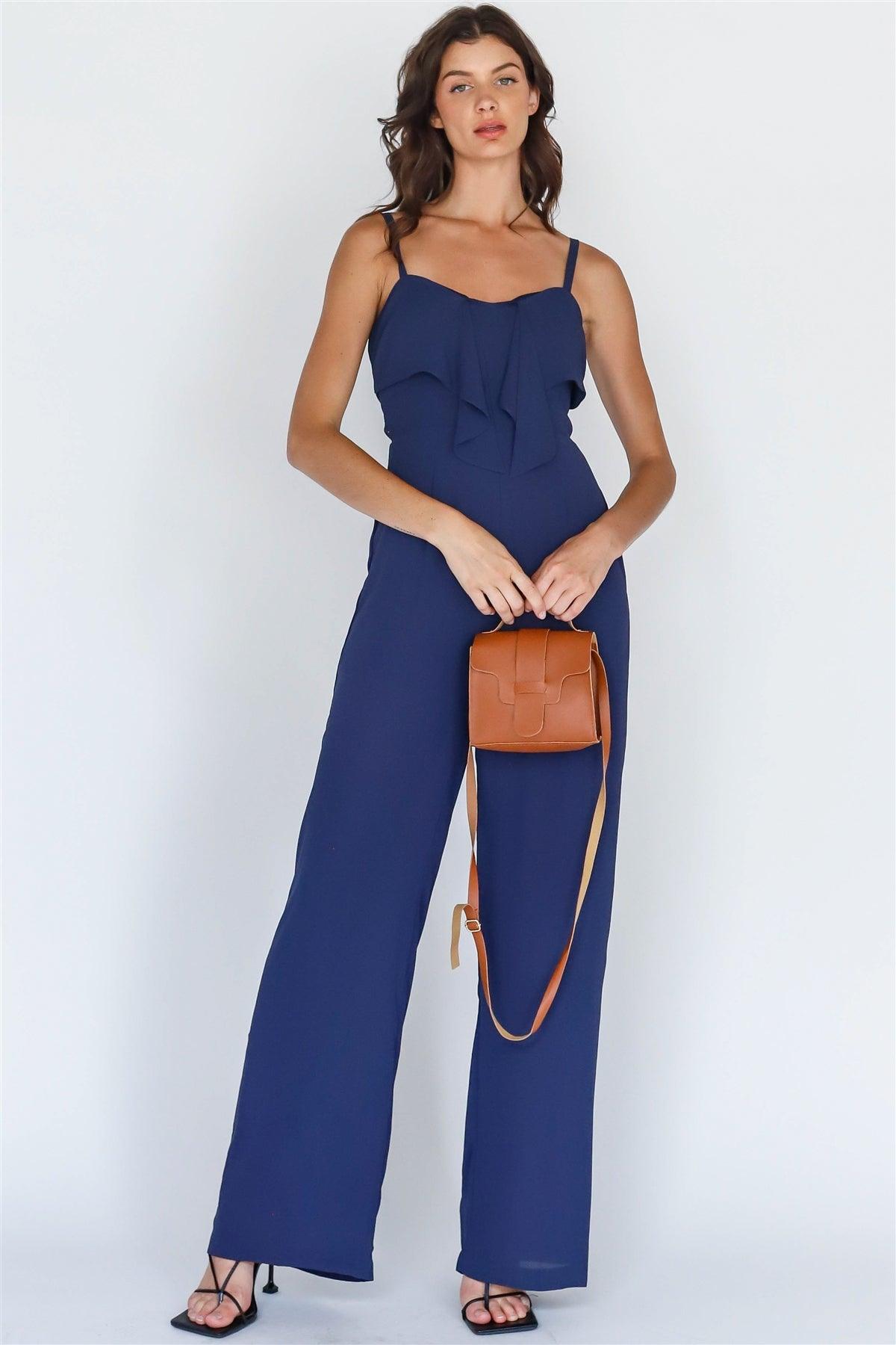 Navy Self-Tie Detail Smocked Back Sleeveless Jumpsuit /1-2-2-1