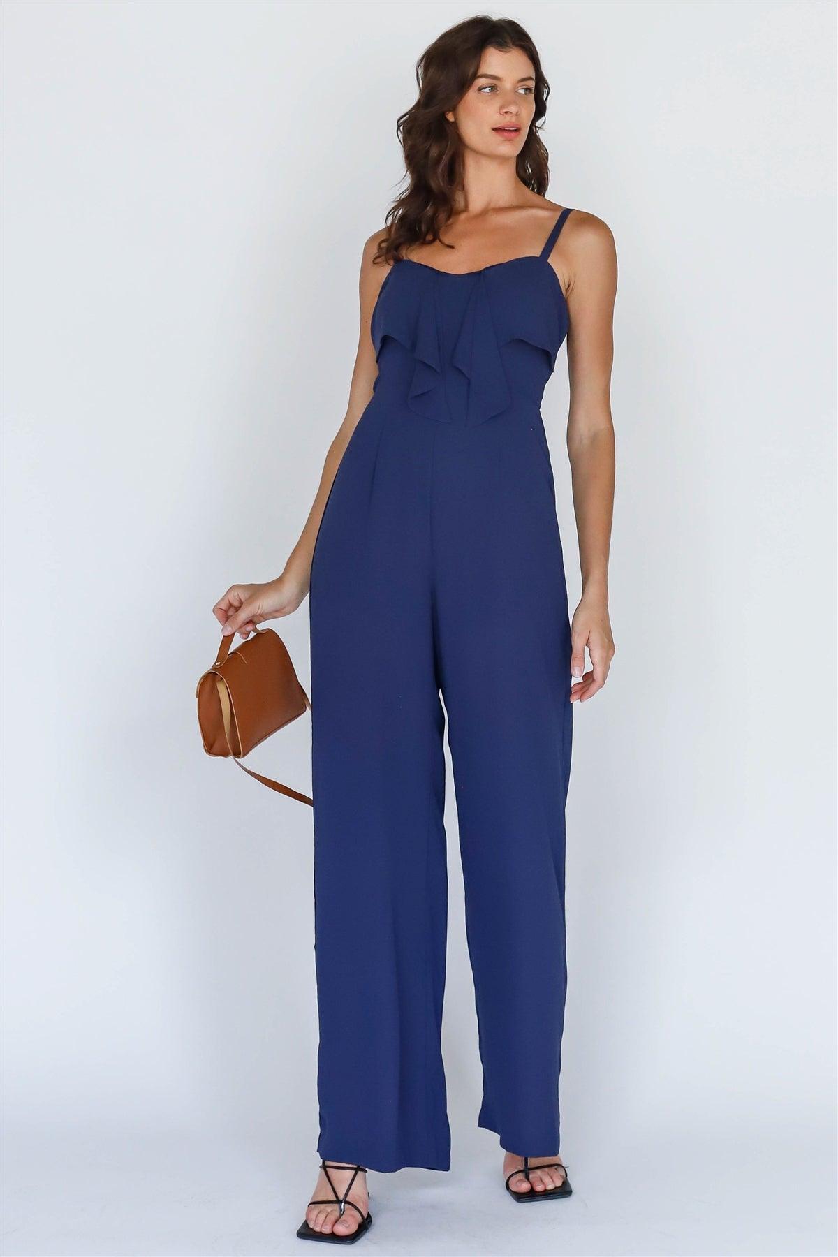 Navy Self-Tie Detail Smocked Back Sleeveless Jumpsuit /1-2-2-1