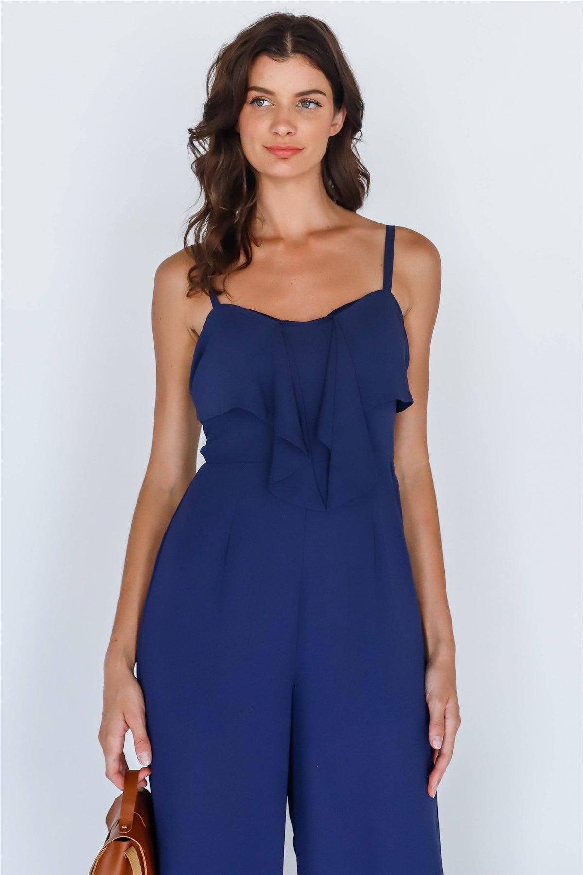 Navy Self-Tie Detail Smocked Back Sleeveless Jumpsuit /3-2-1