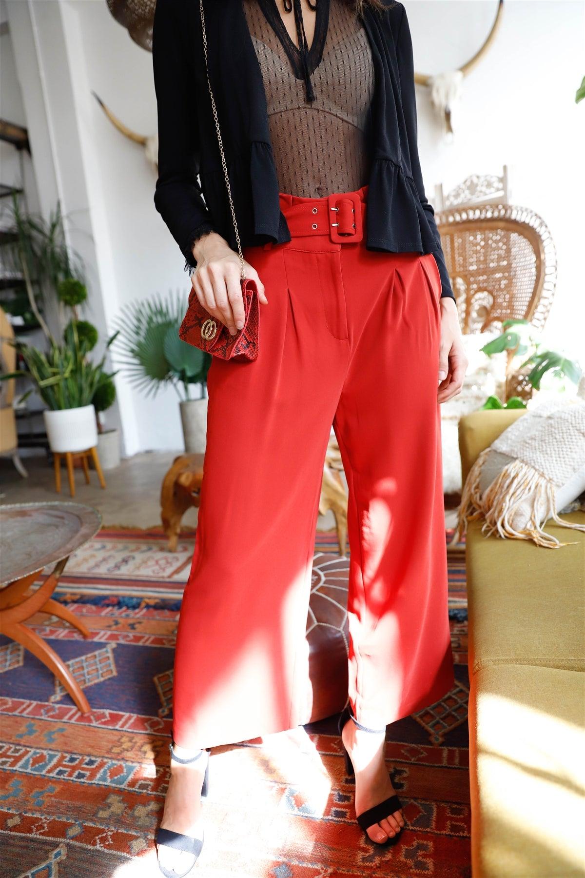 Rust Fold Pleated Belted High Waist Wide Leg Pants /2-3-2