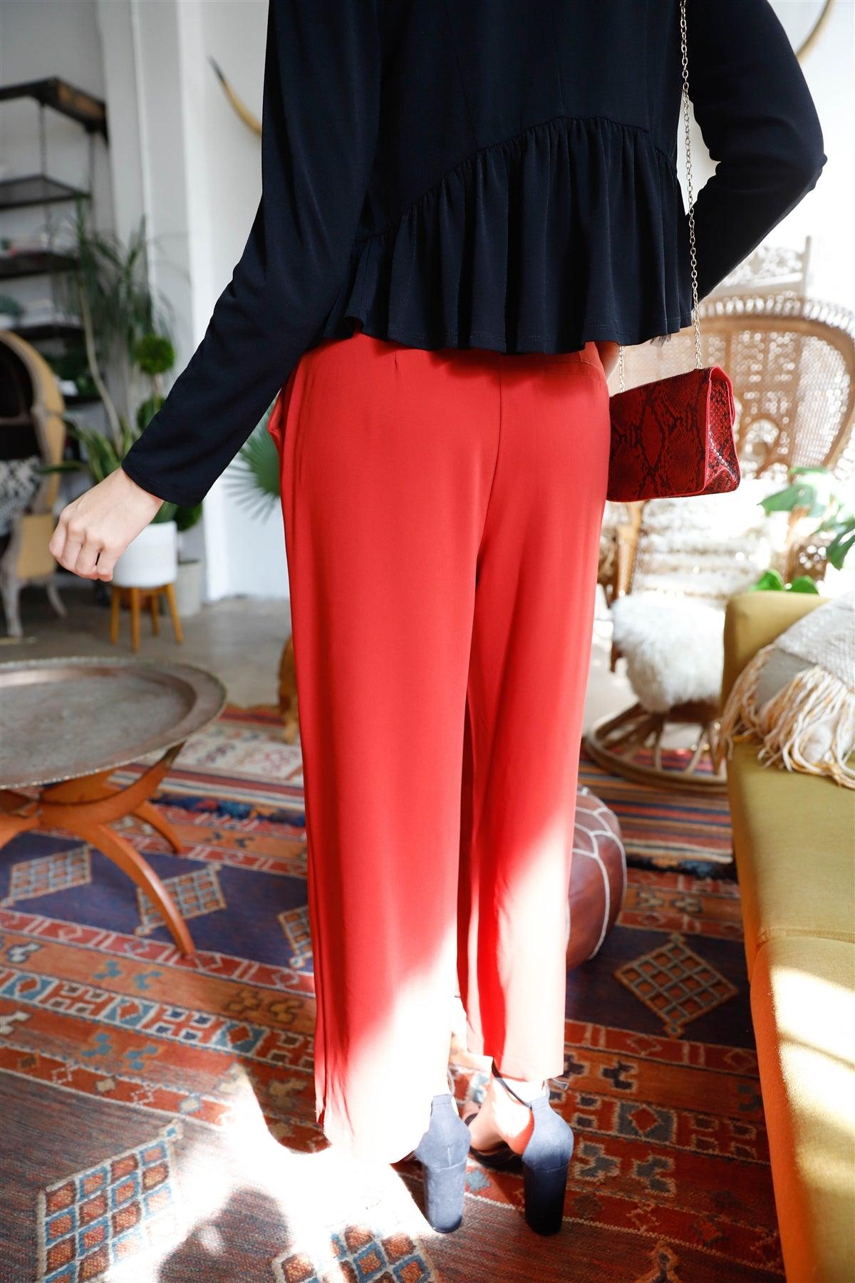 Rust Fold Pleated Belted High Waist Wide Leg Pants /2-3-2