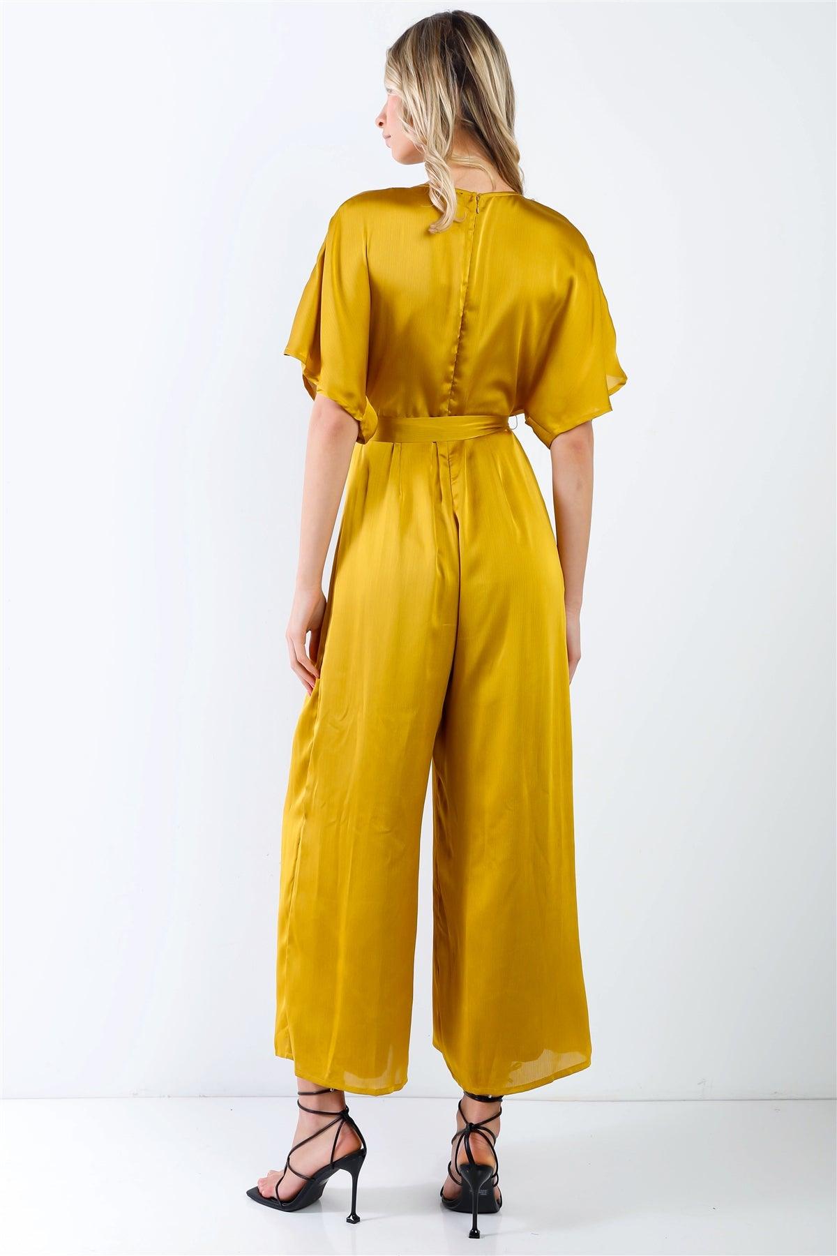 Yellow Dolman Sleeve V-Neck Satin Jumpsuit