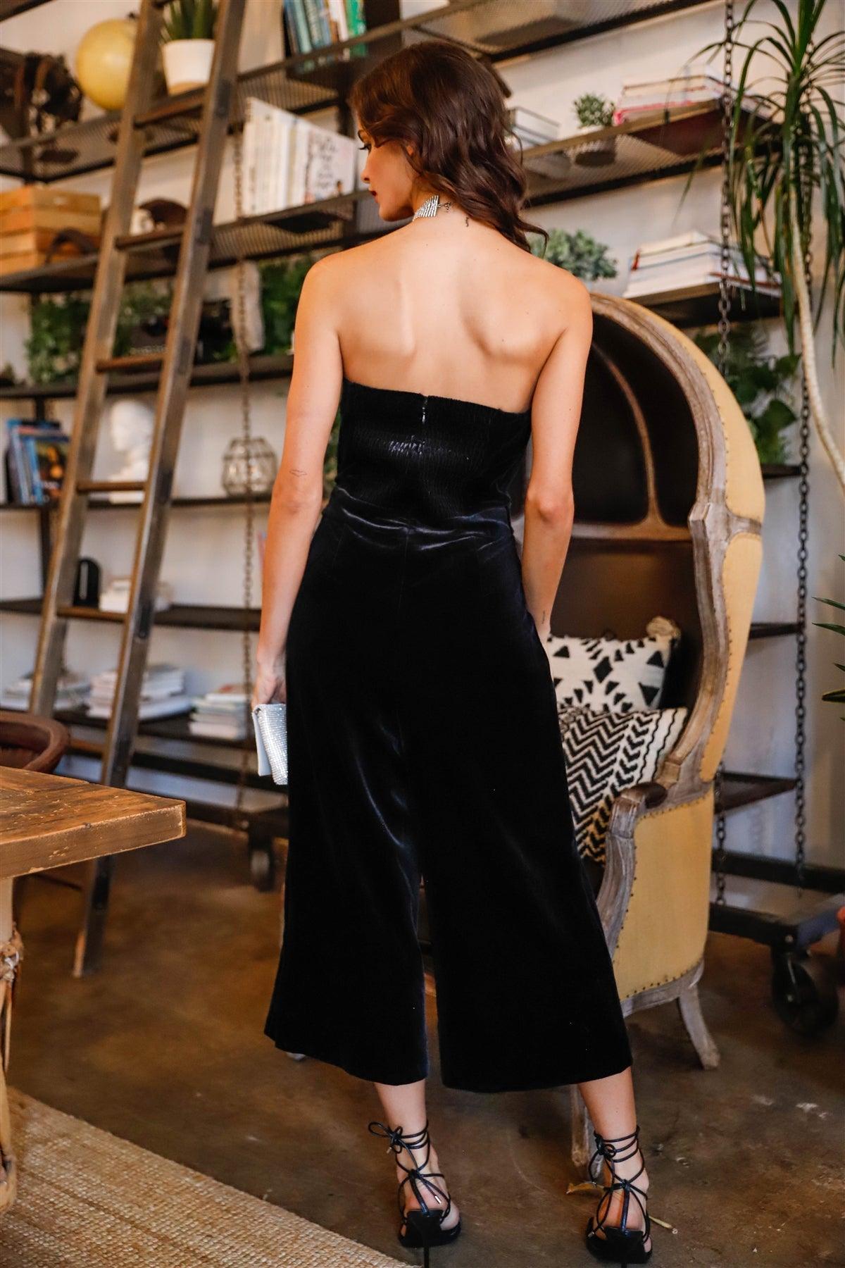 Black Velvet Off-The-Shoulder Front Buckle Belt Jumpsuit /1-2-2-1