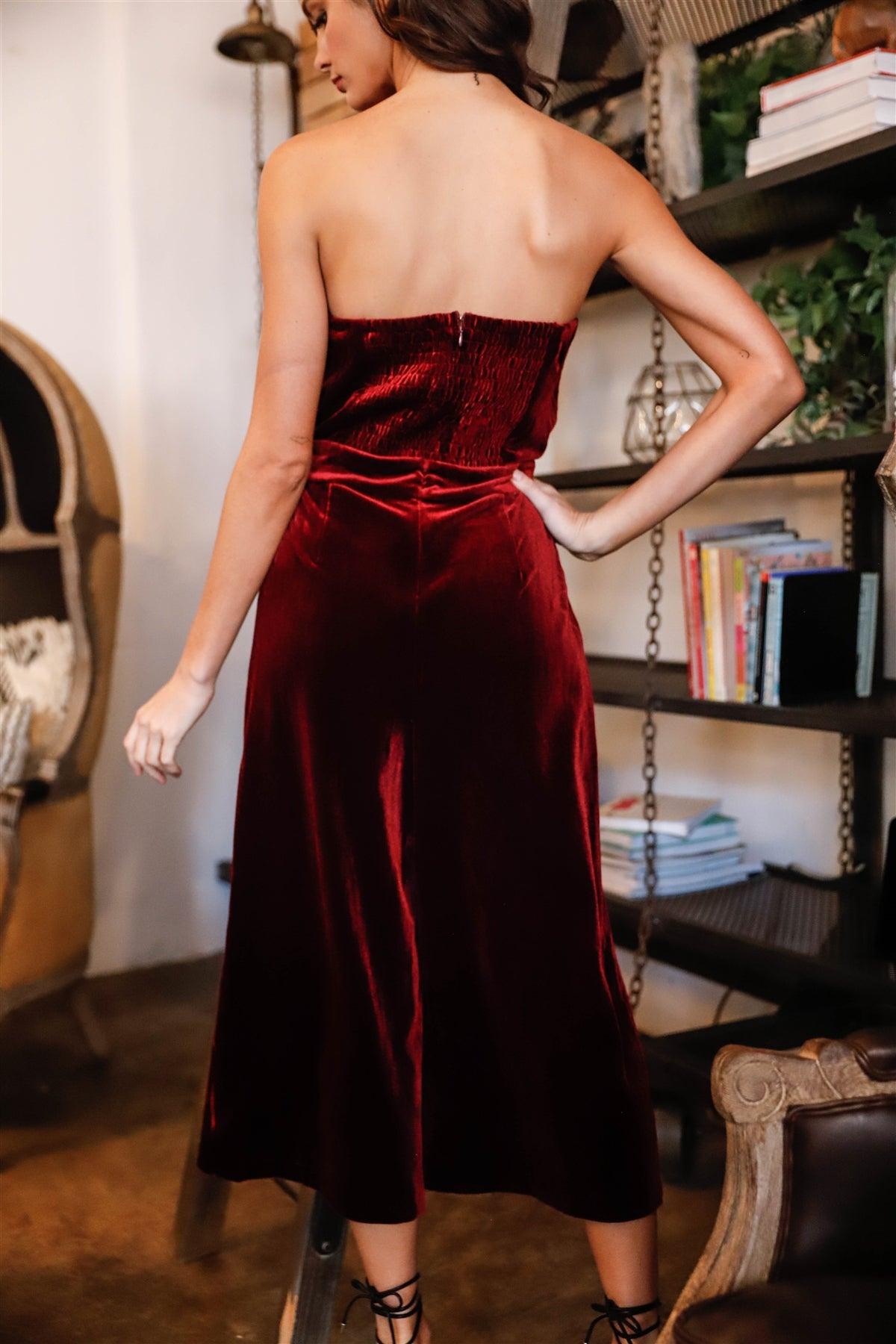 Burgundy Velvet Off-The-Shoulder Front Buckle Belt Jumpsuit /1-2-2-1