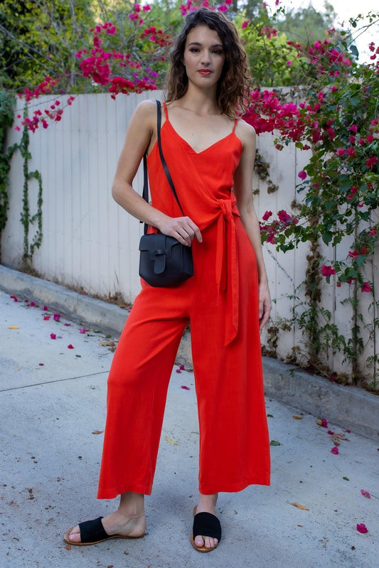 Red Linen Blend Front Wrap Self-Tie Detail Wide Leg Jumpsuit /2-2-2