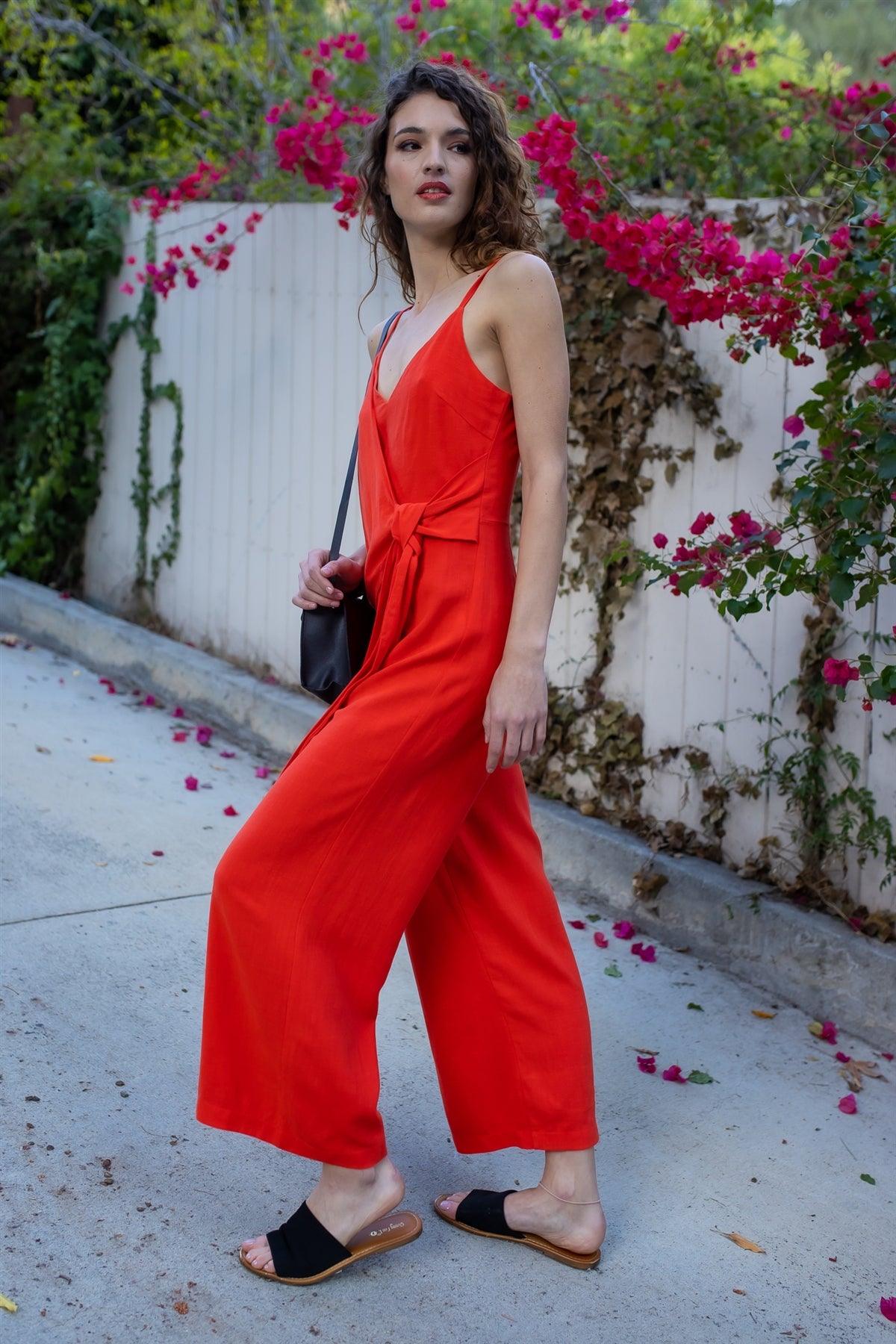 Red Linen Blend Front Wrap Self-Tie Detail Wide Leg Jumpsuit /2-2-2