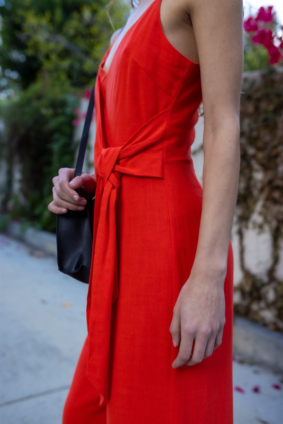 Red Linen Blend Front Wrap Self-Tie Detail Wide Leg Jumpsuit /2-2-2