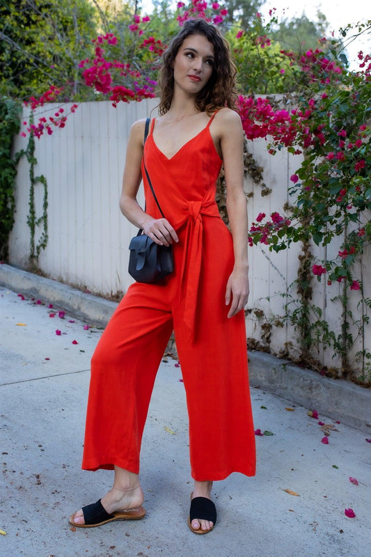 Red Linen Blend Front Wrap Self-Tie Detail Wide Leg Jumpsuit /1-2-2-1-1