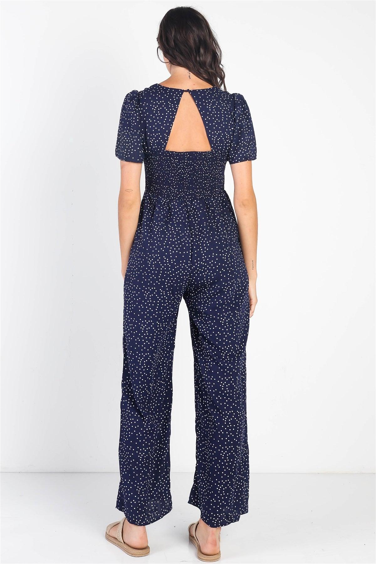 Navy Plisse Polka Dot Self-Tie V-Neck Wide Leg Romper