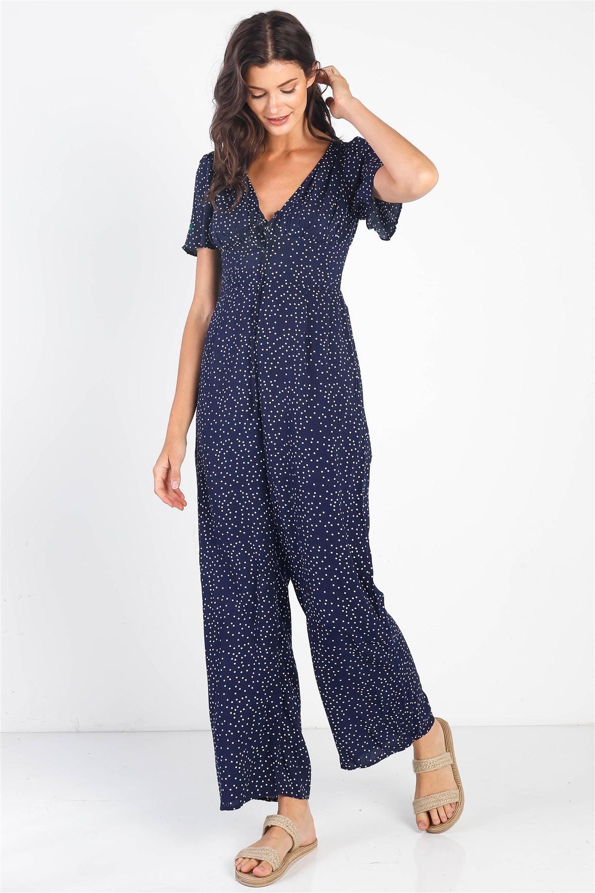 Navy Plisse Polka Dot Self-Tie V-Neck Wide Leg Romper