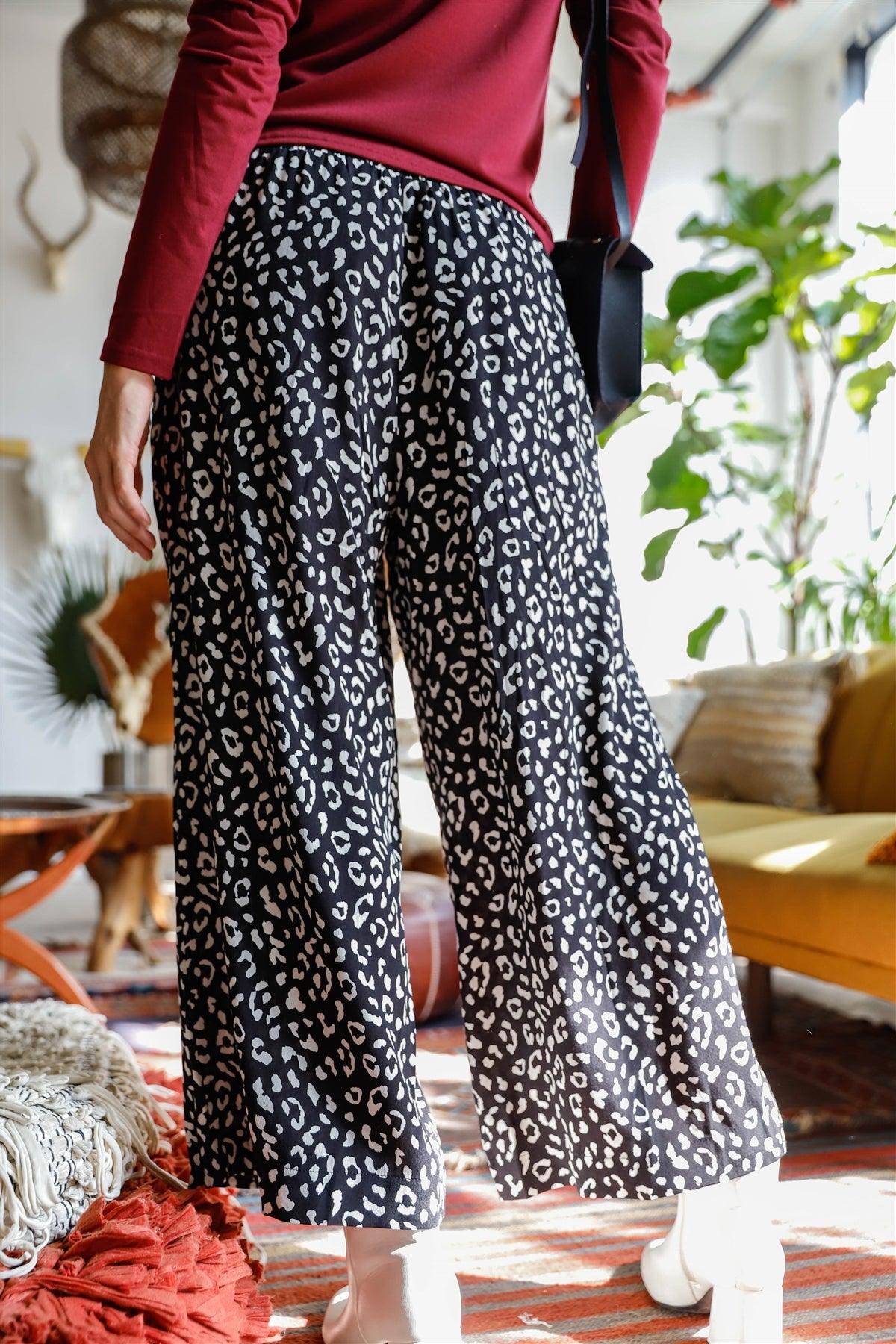 Monochrome Animal Print Smocked Ruffle Waist Wide Leg Pants /1-1-2-1-1