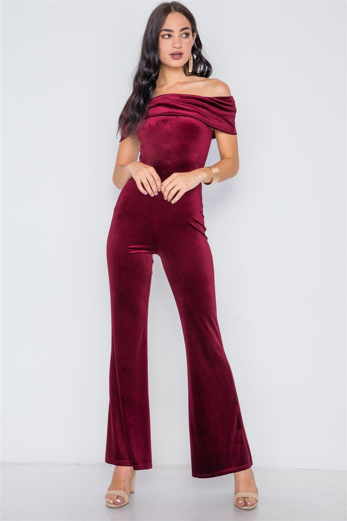 Burgundy Off-The-Shoulder Bodycon Evening Jumpsuit /2-2-2