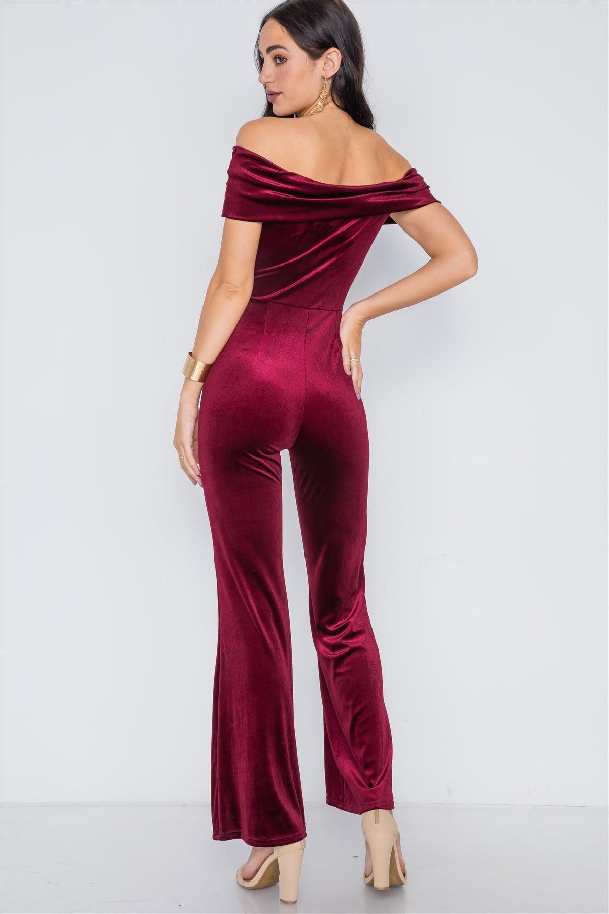 Burgundy Off-The-Shoulder Bodycon Evening Jumpsuit /2-2-2