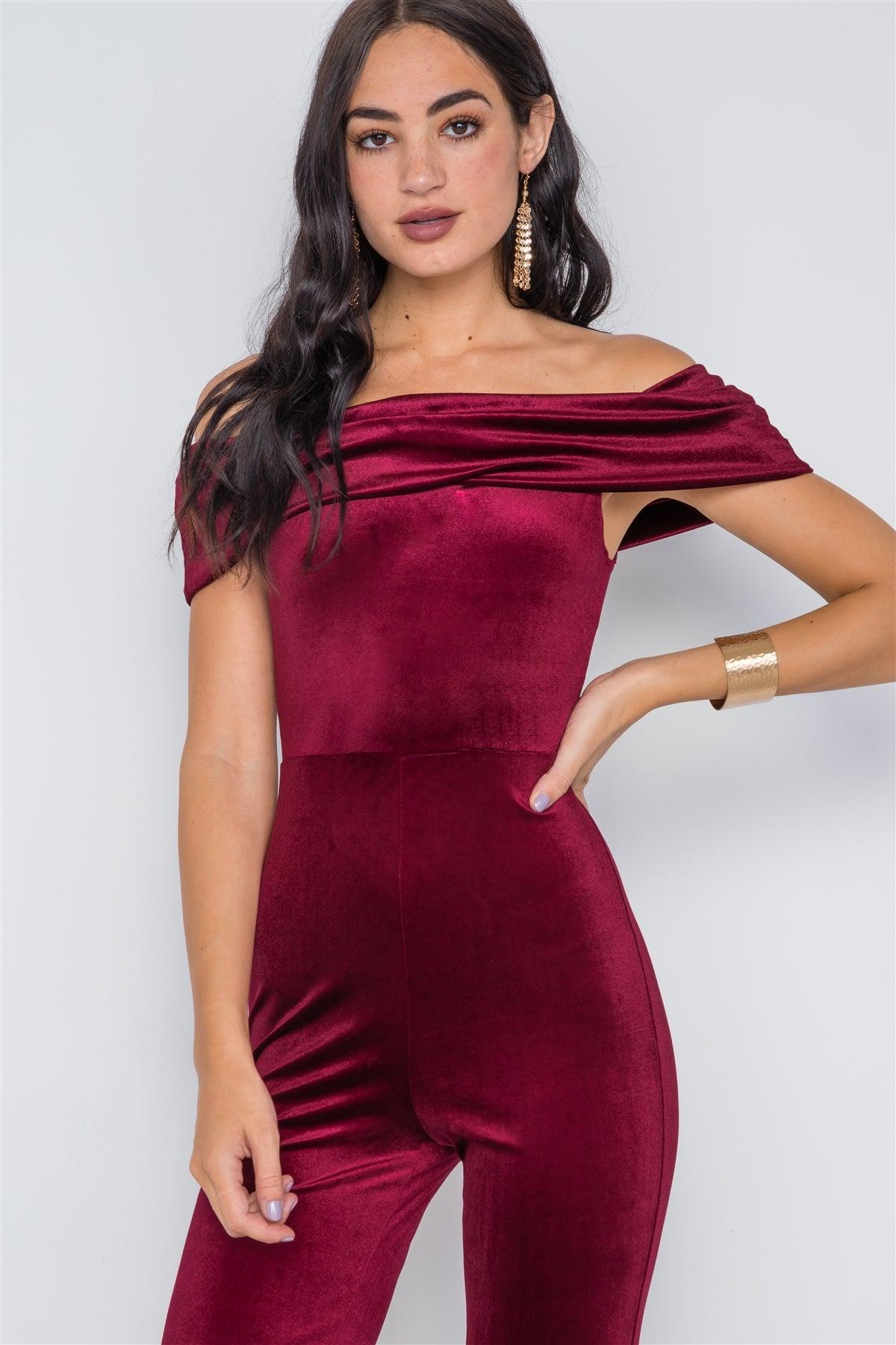 Burgundy Off-The-Shoulder Bodycon Evening Jumpsuit /2-2-2